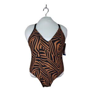 Hurley One Piece Swimsuit Brown Animal Print Size Large UPF 50 V-Neck With Bra